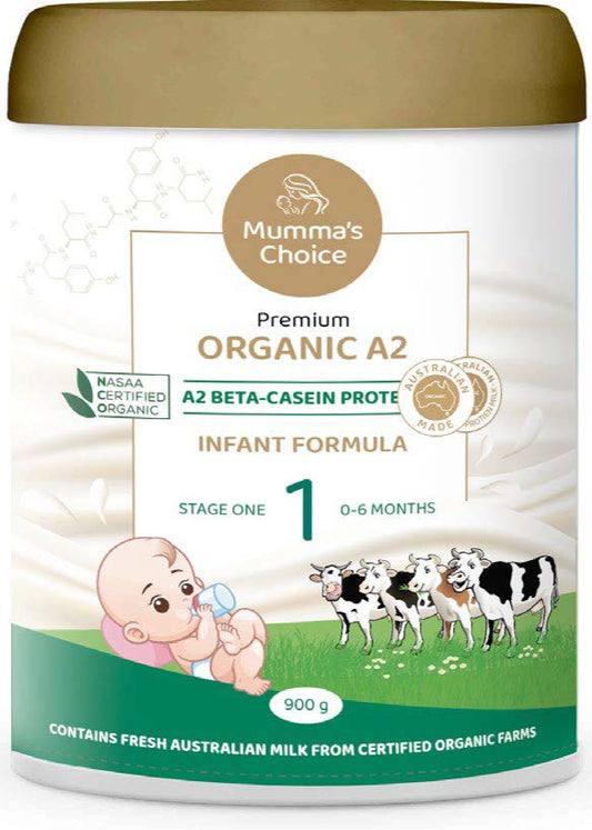 Mum's Choice Premium Organic A2 Infant Formula container with branding and product details.