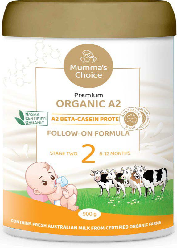 Mumma's Choice Organic A2 baby formula container with branding and product details.