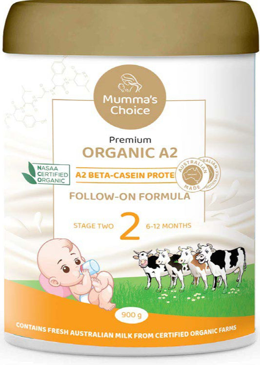 Mumma's Choice Organic A2 baby formula container with branding and product details.