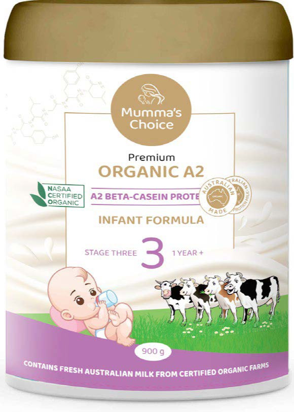 Mumma's Choice Organic A2 Infant Formula container with gold lid and colorful label.