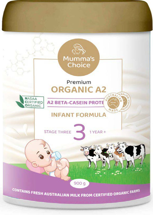 Mumma's Choice Organic A2 Infant Formula container with gold lid and colorful label.