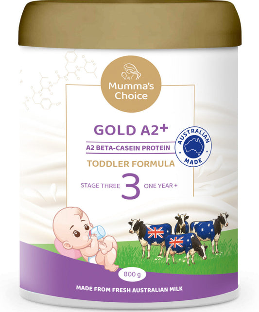 Mumma's Choice Gold A2+ toddler formula container with Australian flags and cows on a white background