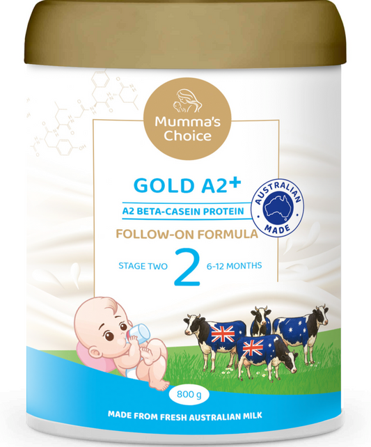 Mumma's Choice Gold A2+ baby formula canister with branding and product details.